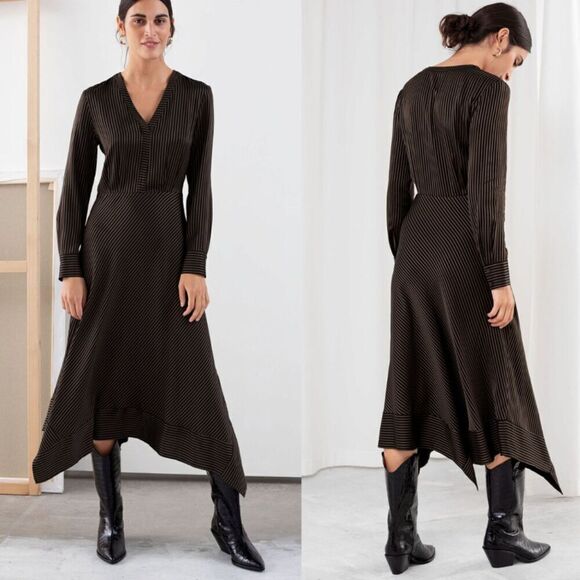 & Other Stories Womens Size 4  Stripe Satin Asymmetrical Handkerchief Midi Dress - Picture 3 of 16